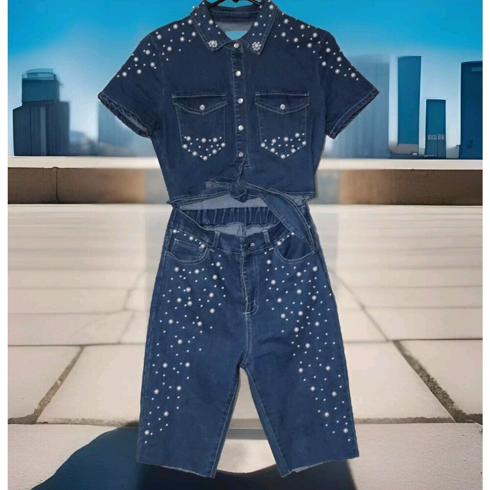 L'atiste Pearly Denim Jumpsuit Shorts Tummy Cutout Womens Small Western Glam